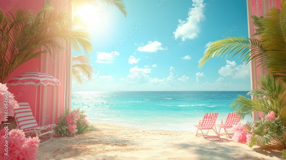 Obraz premium Pink beach scene with lounge chairs, palm trees, and ocean view.