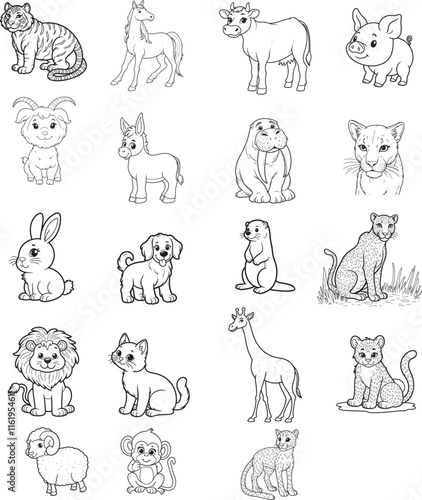 Mammal animals bundle line art on white background
