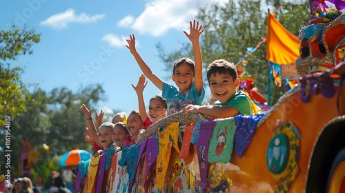 A giant parade float filled with smiling children waving to the crowd with colorful banners and decorations around them