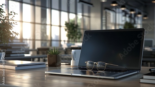 Wallpaper Mural Laptop with blank screen on wooden table in cafe Torontodigital.ca