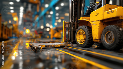 Heavy-Duty Factory, A photorealistic image of a heavy-duty forklift, showcasing its robust design and functionality in an industrial setting. photo