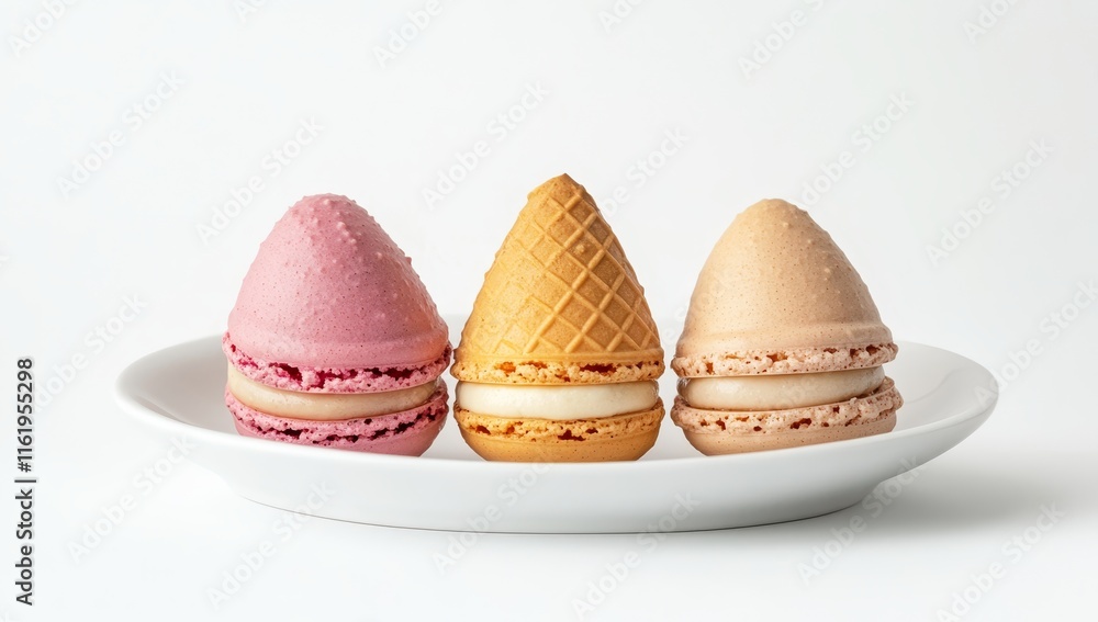 Three colorful macarons, pink, yellow, and beige, shaped like eggs and ice cream cones, on a white plate.