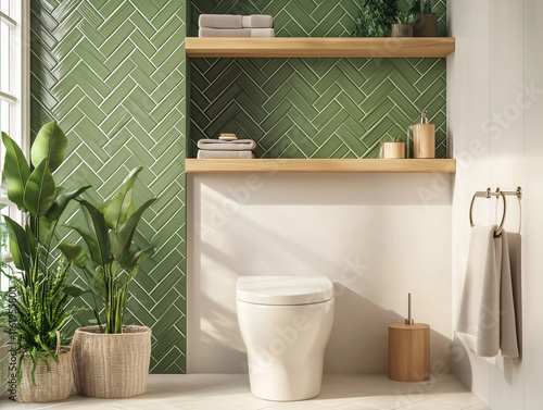 
A bathroom with grey tiles on the walls  and a freestanding bathtub sits near a large window with natural light pouring in. Teal cabinets with brass handles complement the wooden sink bar