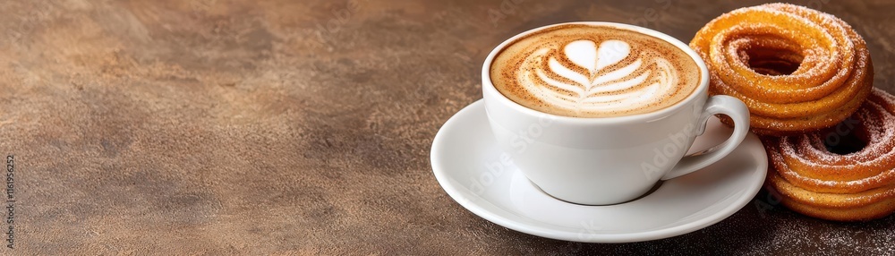 coffee and bakery concept. Cappuccino with a hint of cinnamon flavor, paired with bakery treats like churros and cinnamon sugar donuts coffee and bakery concept. Cappuccino with a hint of cinnamon flavor, paired with bakery treats like churros and cinnamon sugar donuts
