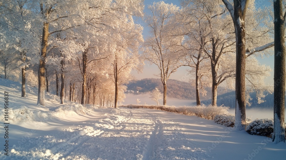 Fototapeta premium Snow covered trees line a winter pathway towards a distant mountain