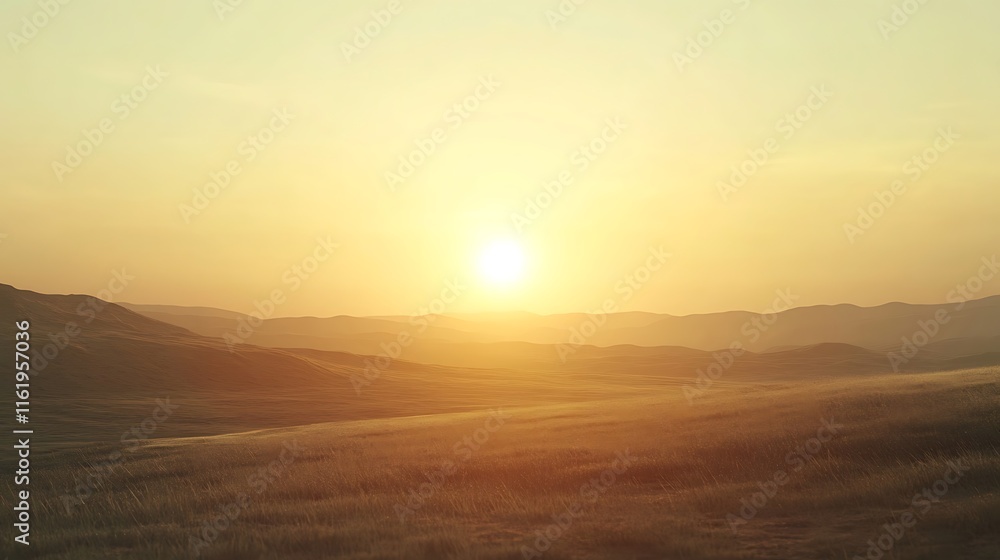 Golden Sunset Over Rolling Hills And Grasslands Golden Sunset Over Rolling Hills And Grasslands