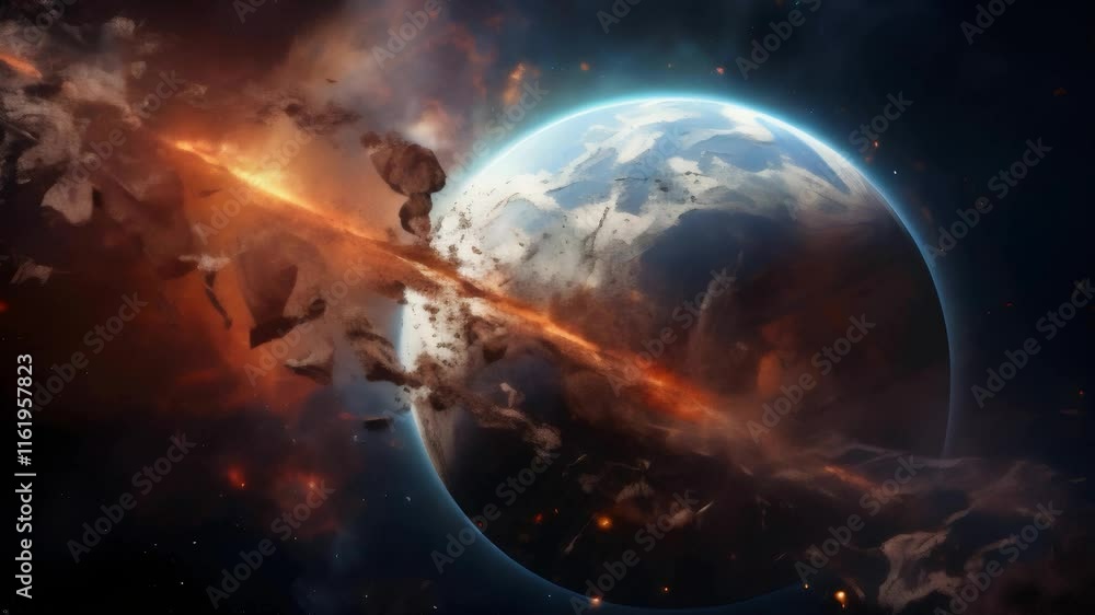 Catastrophe of the planet, explosion and break into pieces in a fireball