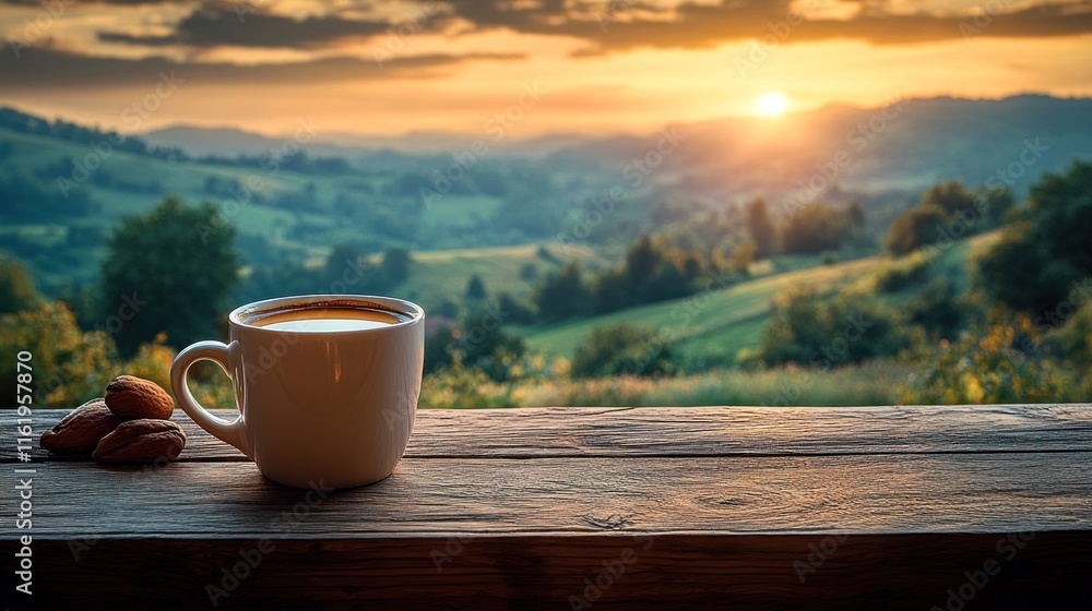 Sunrise coffee on wooden table with mountain view. Sunrise coffee on wooden table with mountain view.