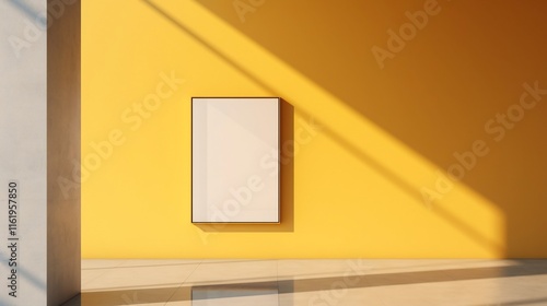 Minimalist architectural A4 frame placed on a subtle yellow wall with a marble floor reflection creating a clean and contemporary style interior design scene