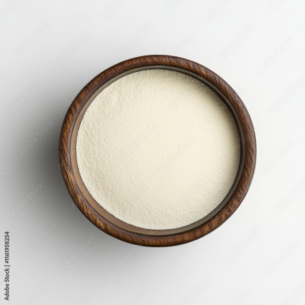 Top view of a wooden bowl filled with off-white powder. Top view of a wooden bowl filled with off-white powder.