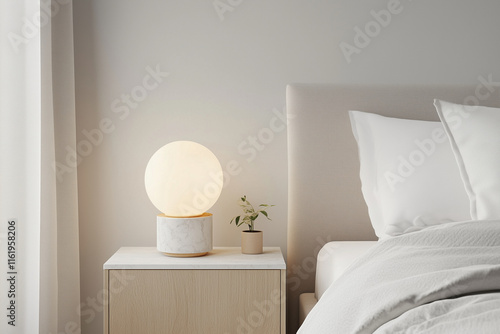 A minimalist Japandi bedroom with a warm colored bed frame and soft taupe bedding, and a neutral-colored ceramic lamp adds warmth to the room. photo