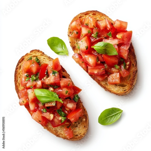 Two slices of toasted bread topped with diced tomatoes, basil, and garlic. photo