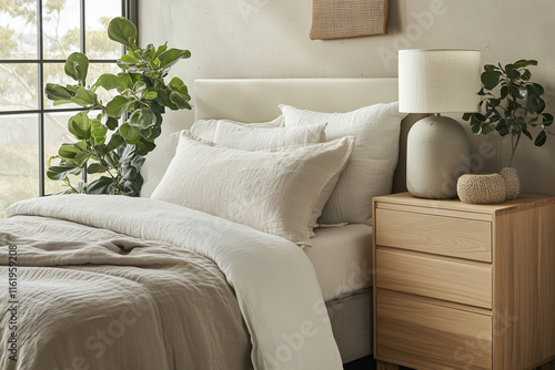 A minimalist Japandi bedroom with a warm colored bed frame and soft taupe bedding, and a neutral-colored ceramic lamp adds warmth to the room. photo