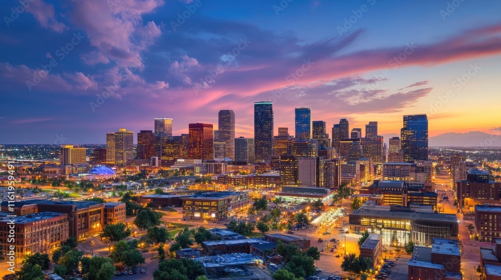 Obraz premium Denver Skyline Illuminates Dusk A Vibrant Cityscape