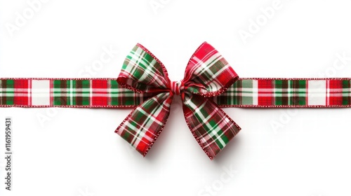 Festive plaid Christmas gift bow with copy space for holiday messages and decorations. Generative AI photo