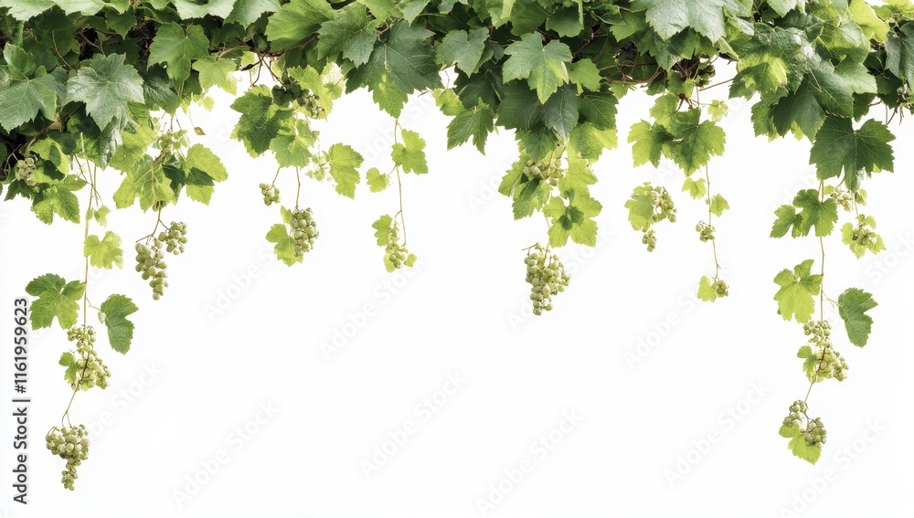 Lush green grapevine with unripe grapes hanging down against white background. Lush green grapevine with unripe grapes hanging down against white background.