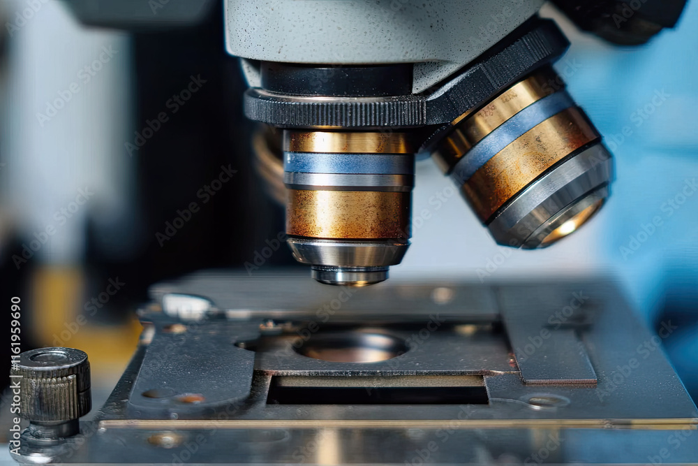Close-Up of Microscope with Metal Lens in a Laboratory Setting Close-Up of Microscope with Metal Lens in a Laboratory Setting