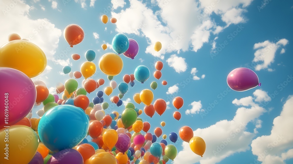A massive group of colorful balloons lifting into the sky during a festival A massive group of colorful balloons lifting into the sky during a festival