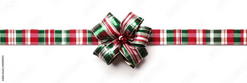 Fototapeta premium Festive plaid Christmas gift bow with vibrant colors and ample copy space for personalized messages. Generative AI