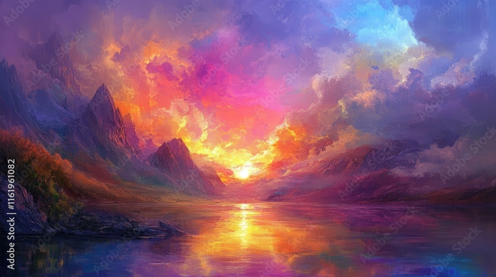 Naklejka premium Vibrant Sunset Over Majestic Mountains And Calm Lake