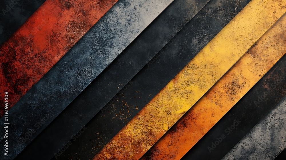 A vibrant abstract piece with diagonal stripes in various colors such as orange, yellow, blue, and black. The background has a distressed texture, giving it a rugged appearance. A vibrant abstract piece with diagonal stripes in various colors such as orange, yellow, blue, and black. The background has a distressed texture, giving it a rugged appearance.