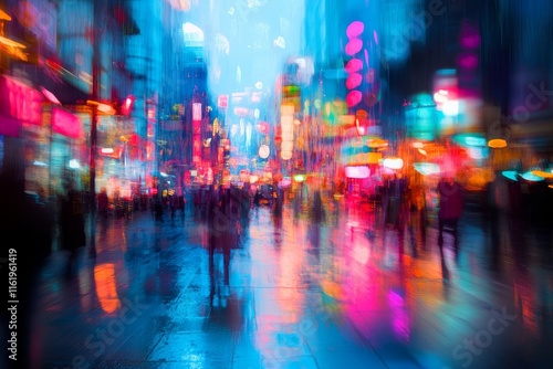 Blurred city street at night with vibrant lights and people walking in the rain.