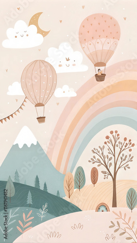 Pastel-themed hot air balloons and rainbow illustration for kids