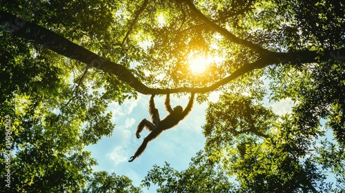 A gibbon swinging between trees in the canopy. photo