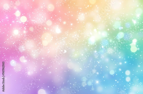 Pastel rainbow bokeh background with sparkles and glittering lights.