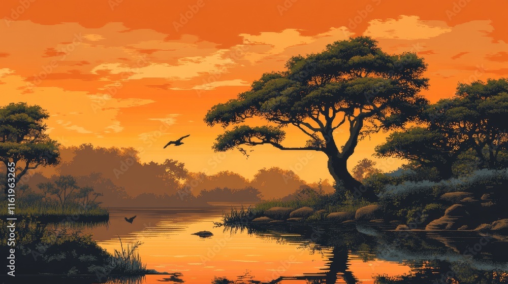 Fototapeta premium Serene Sunset Landscape With Trees And Bird In Flight