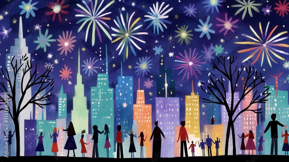 A vibrant night scene featuring diverse silhouettes celebrating with fireworks against a city skyline. A vibrant night scene featuring diverse silhouettes celebrating with fireworks against a city skyline.