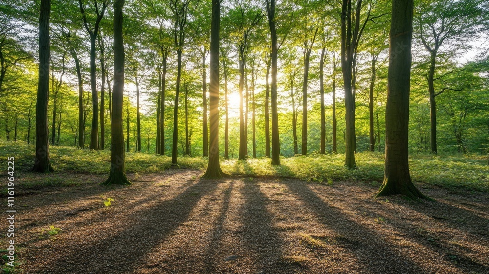 Obraz premium Sunlit Forest Trees Displaying Golden Hour Light