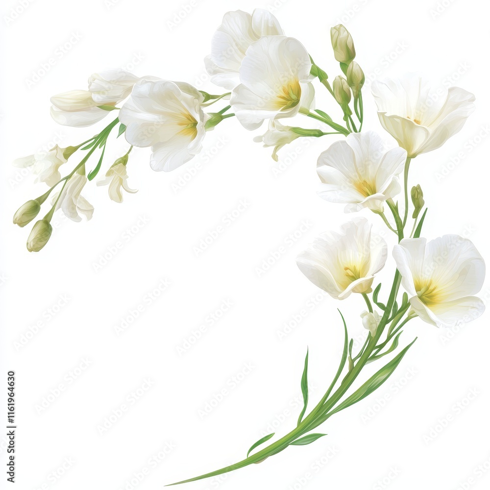 Fototapeta premium Elegant white flowers arranged in a graceful curve on a white background.