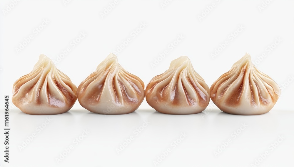 Obraz premium Four delicious steamed dumplings in a row on white background.