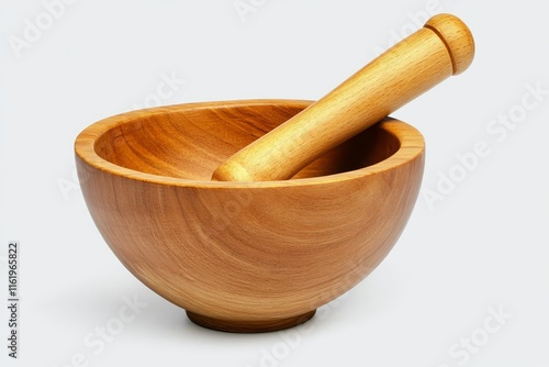 Wooden mortar and pestle on white background. photo