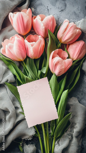 Pink Tulips Bouquet with Blank Note Card