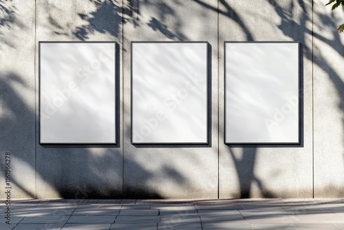 Three blank posters on a concrete wall with tree shadows.