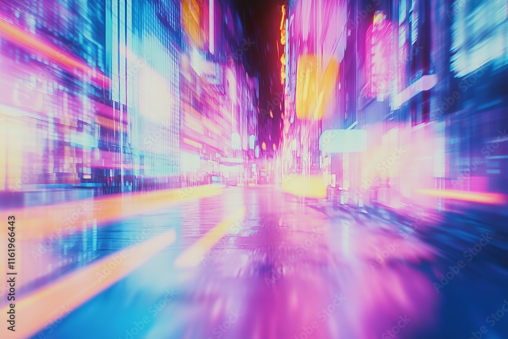 Blurry vibrant neon lights streak across a city street at night, creating a futuristic, dynamic effect. Blurry vibrant neon lights streak across a city street at night, creating a futuristic, dynamic effect.