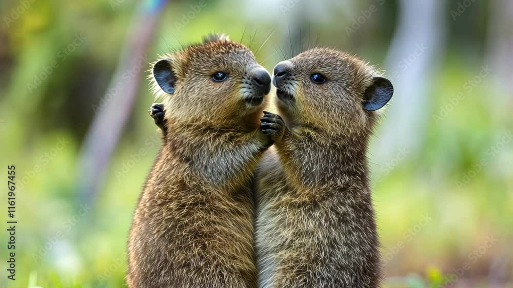Two adorable hyraxes nuzzle affectionately in a vibrant outdoor setting. Two adorable hyraxes nuzzle affectionately in a vibrant outdoor setting.