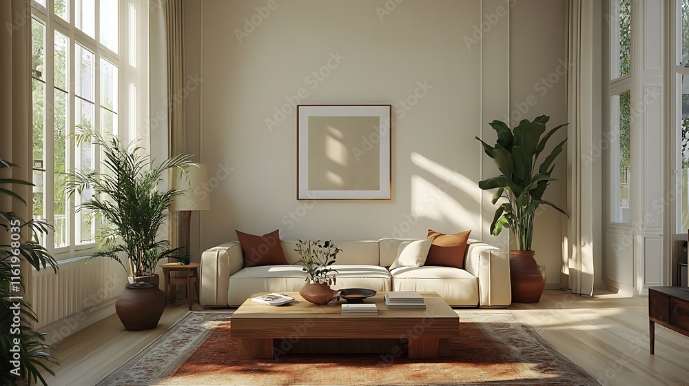 Fototapeta premium Sunlit living room with beige sofa, wooden coffee table, plants, and large windows.