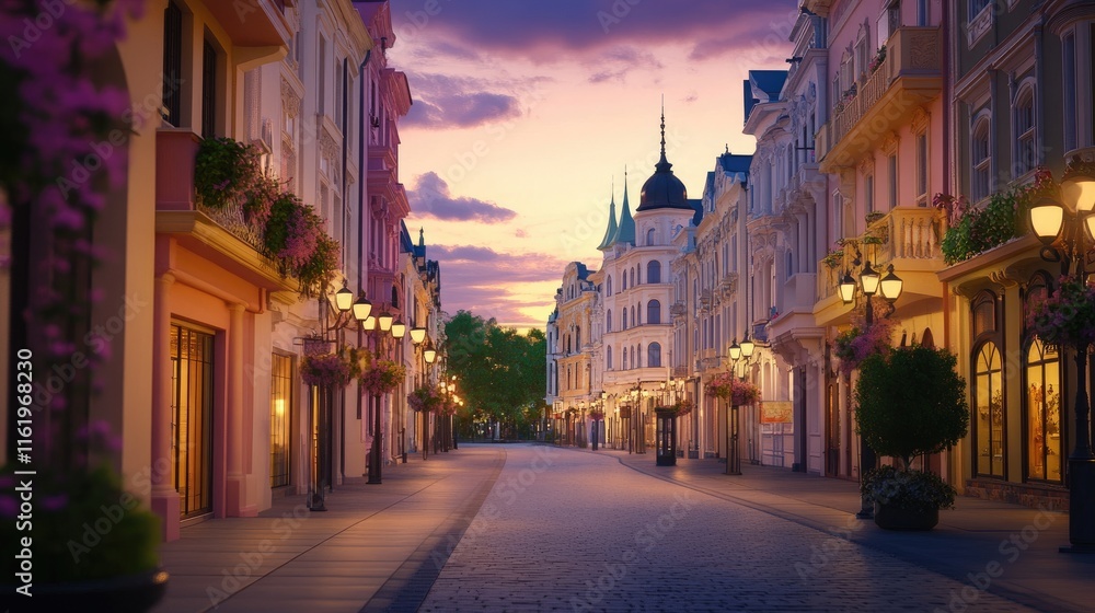 Obraz premium Twilight Street Scene European Style Buildings