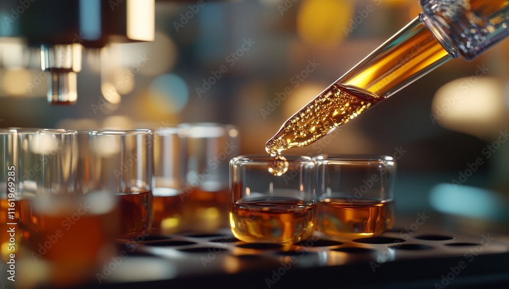 Amber liquid being dispensed into small glass vials in a laboratory setting. Amber liquid being dispensed into small glass vials in a laboratory setting.