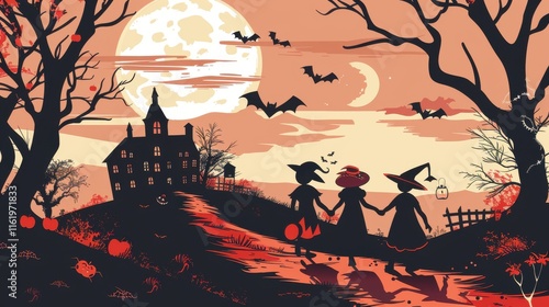 Silhouetted children trick-or-treating on Halloween night, haunted house backdrop. photo