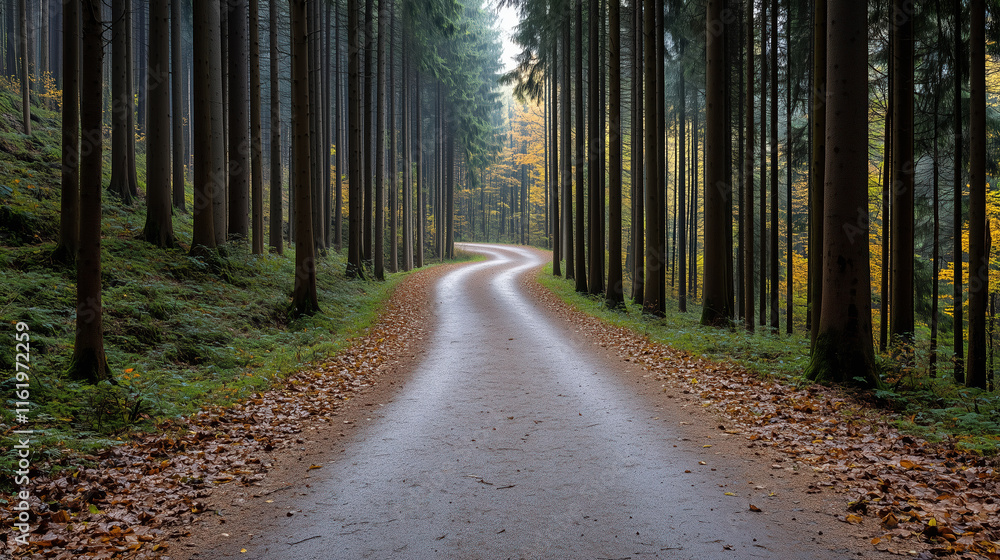 Fototapeta premium winding road through serene forest with tall trees and fallen leaves