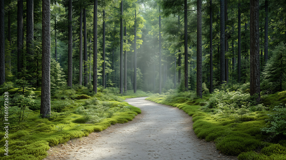 Fototapeta premium serene forest path surrounded by lush greenery and tall trees