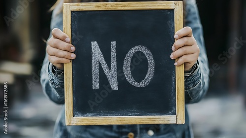 Refusal and determination concept, A person holds a chalkboard sign that says No photo