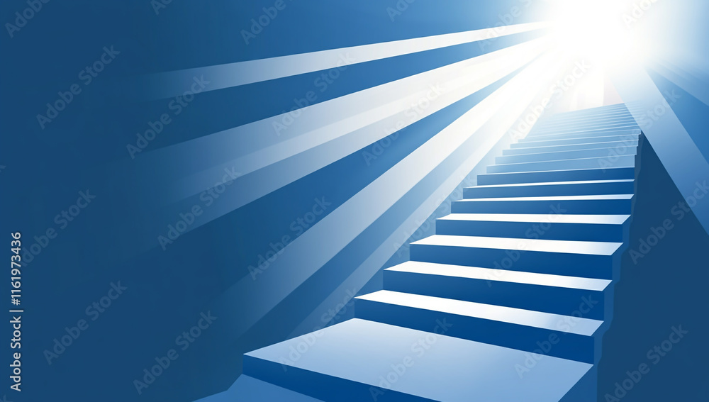 Obraz premium Stairs leading to the light, with a blue background and white rays of light shining down from the top-left corner
