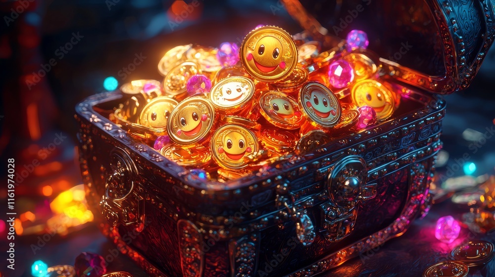 A treasure chest overflowing with shiny, smiling coins and colorful gems, giving a whimsical and joyful vibe in a beautifully lit setting. A treasure chest overflowing with shiny, smiling coins and colorful gems, giving a whimsical and joyful vibe in a beautifully lit setting.