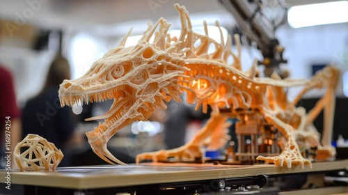 A detailed, illuminated dragon sculpture made of intricate materials, showcasing artistry and engineering at a tech exhibition. photo