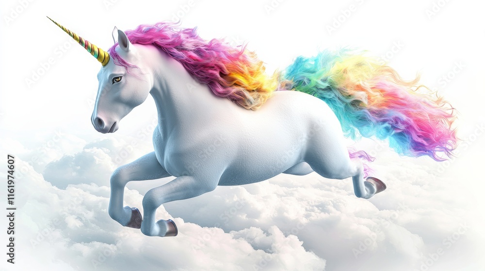 Naklejka premium A vibrant unicorn with a rainbow mane leaps through fluffy clouds, embodying magic and whimsy in a fantastical landscape.